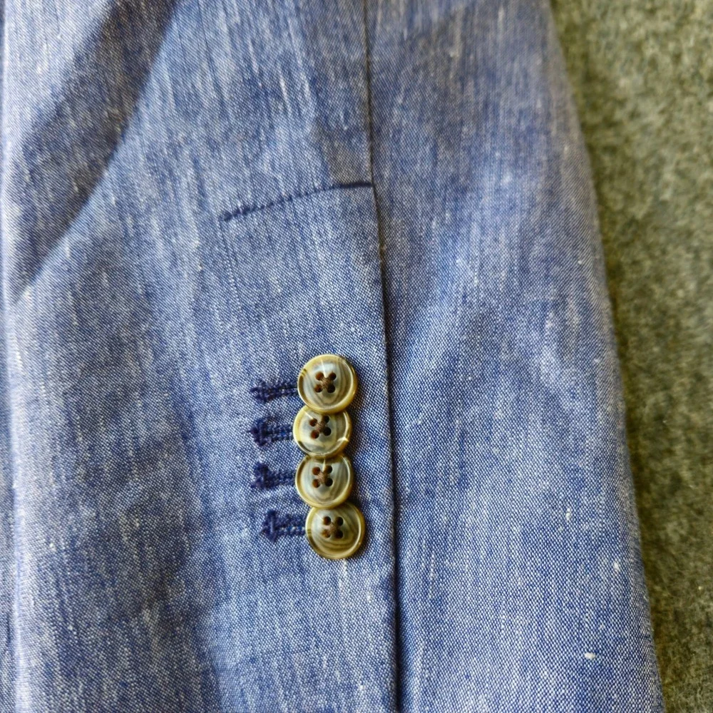 Cremieux Blue Linen Sport Coat XXL Elbow Patch Two Button Butterfly Half Lining